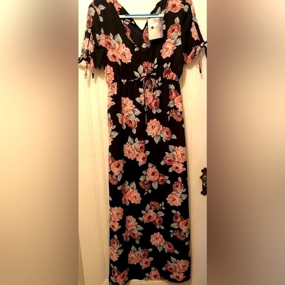 NWT Lily Rose (Kohl’s) M Chiffon Black Pink Floral Maxi with B… - Picture 1 of 4